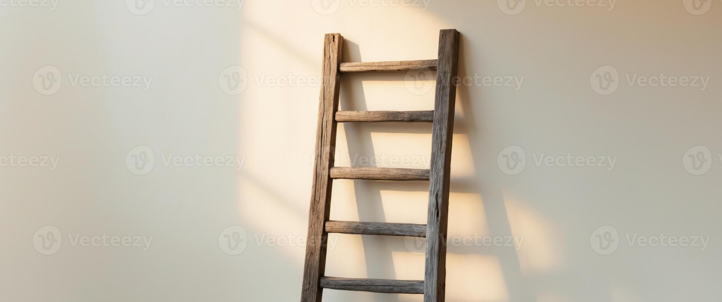 Rustic wooden ladder with weathered texture under soft natural daylight. photo