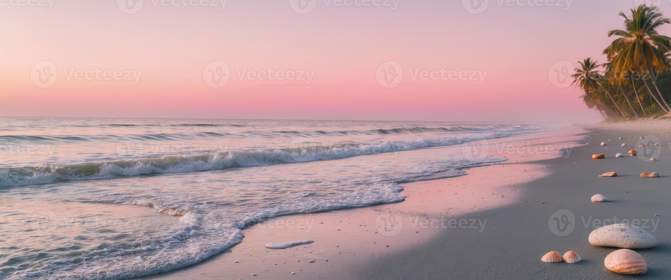 serene beach at sunrise with vibrant pink skies and gentle waves. photo
