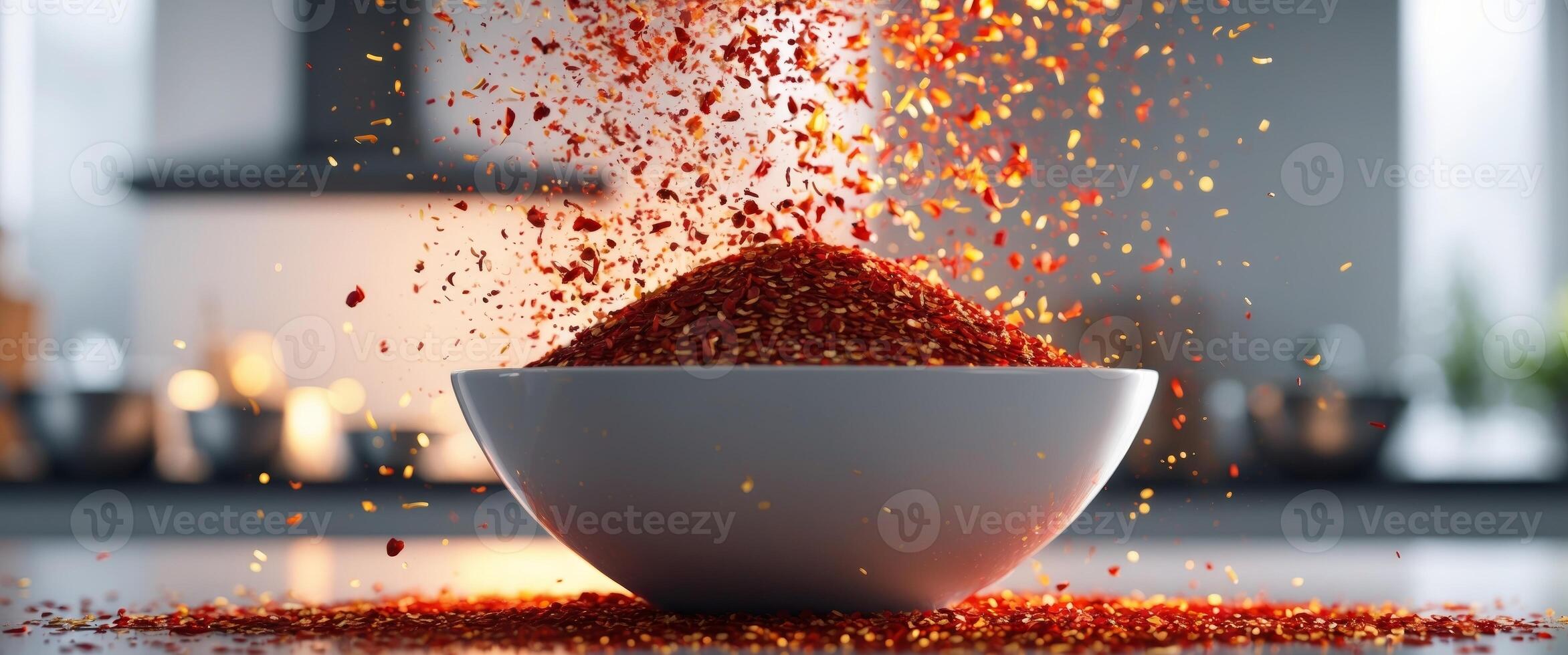 Spicy red chili flakes cascading into a bowl creating a vibrant kitchen spectacle. photo