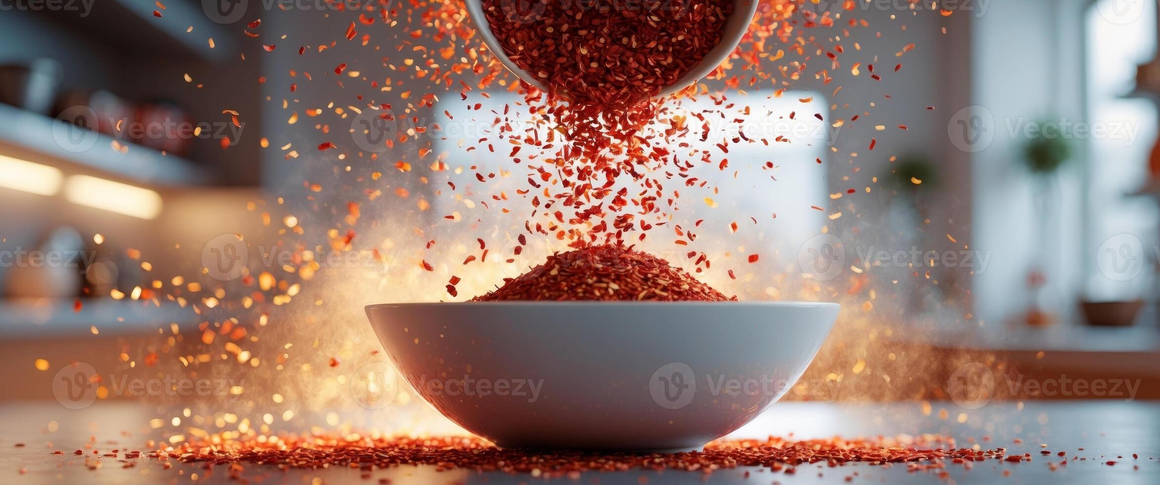 Spicy red chili flakes cascading into a bowl creating a vibrant kitchen spectacle photo