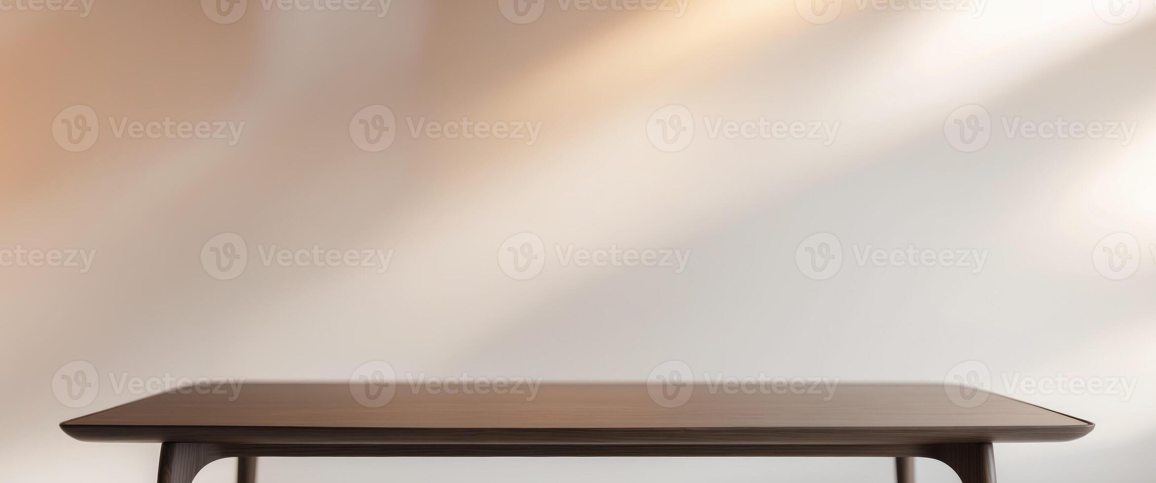 Wooden Table with Blurred Exhibition Background Ideal for Product Display and Marketing Promotions photo