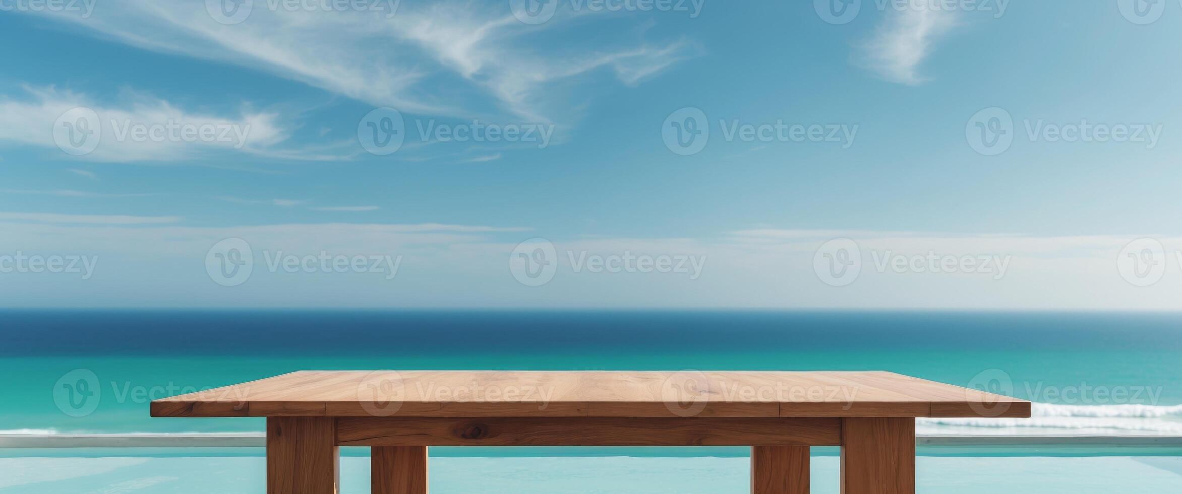 Wooden Table with Ocean View Background Ideal for Product Display Mockup and Advertising Use photo