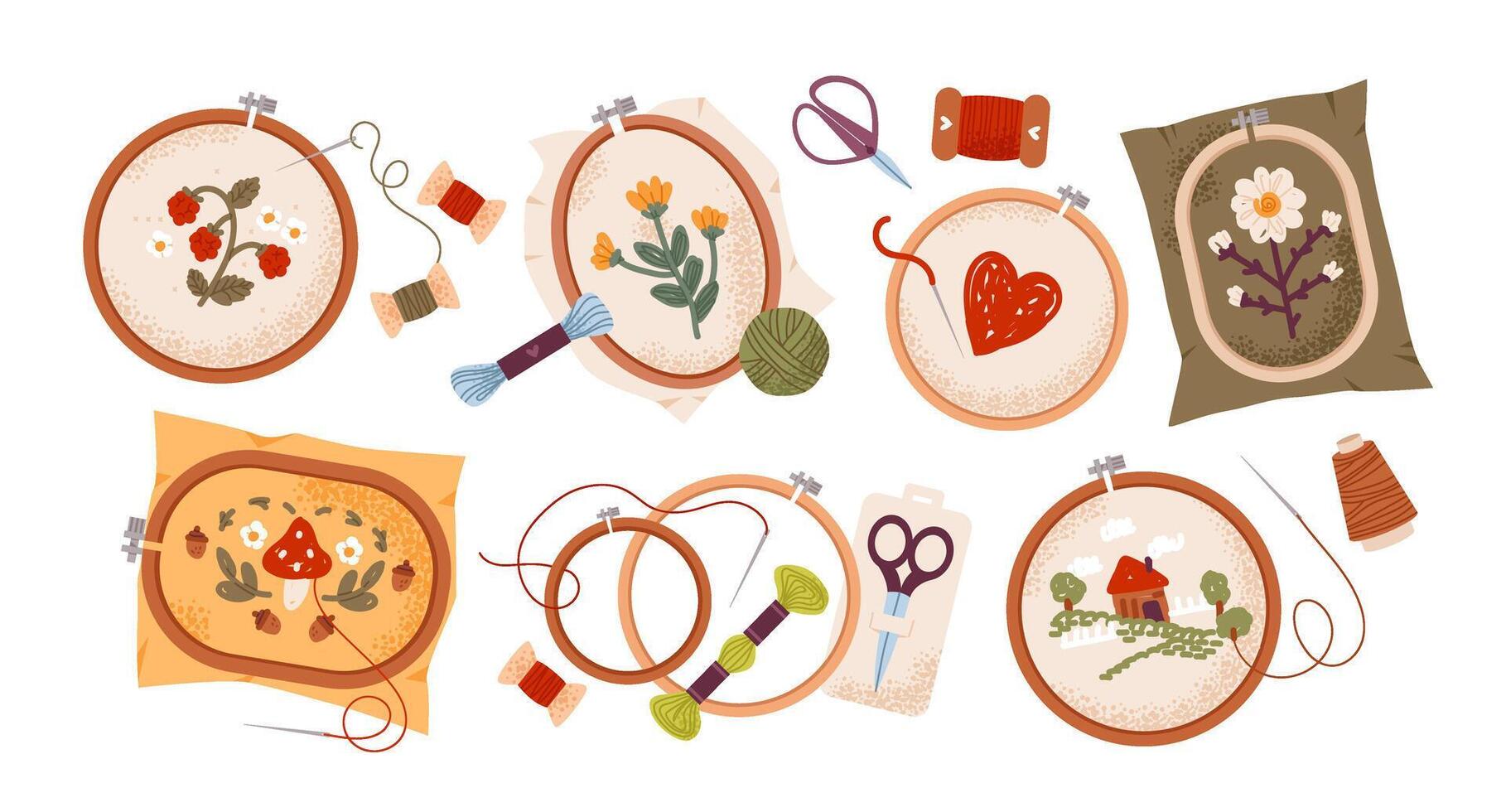 Embroidery set for creative hobby. Embroidery tools, hoops, needles, and yarns. Flat illustration. vector
