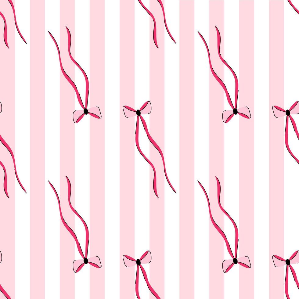Seamles pattern with a cute bows on a striped background. Pink bows print. background with coquette ribbons in retro style. vector