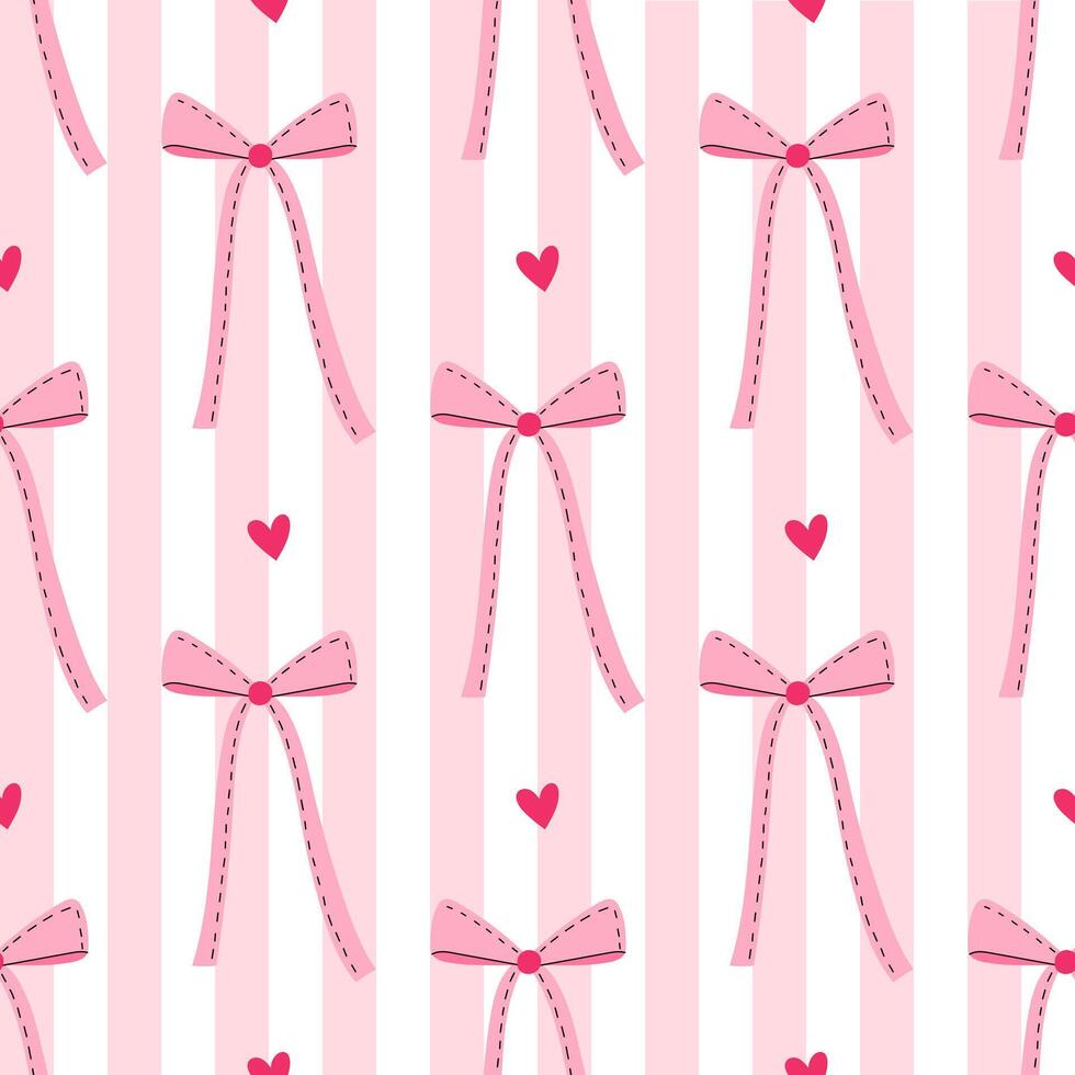 Seamles pattern with bows and hearts on a striped background. Pink bows print. pattern with coquette ribbons in retro style. vector