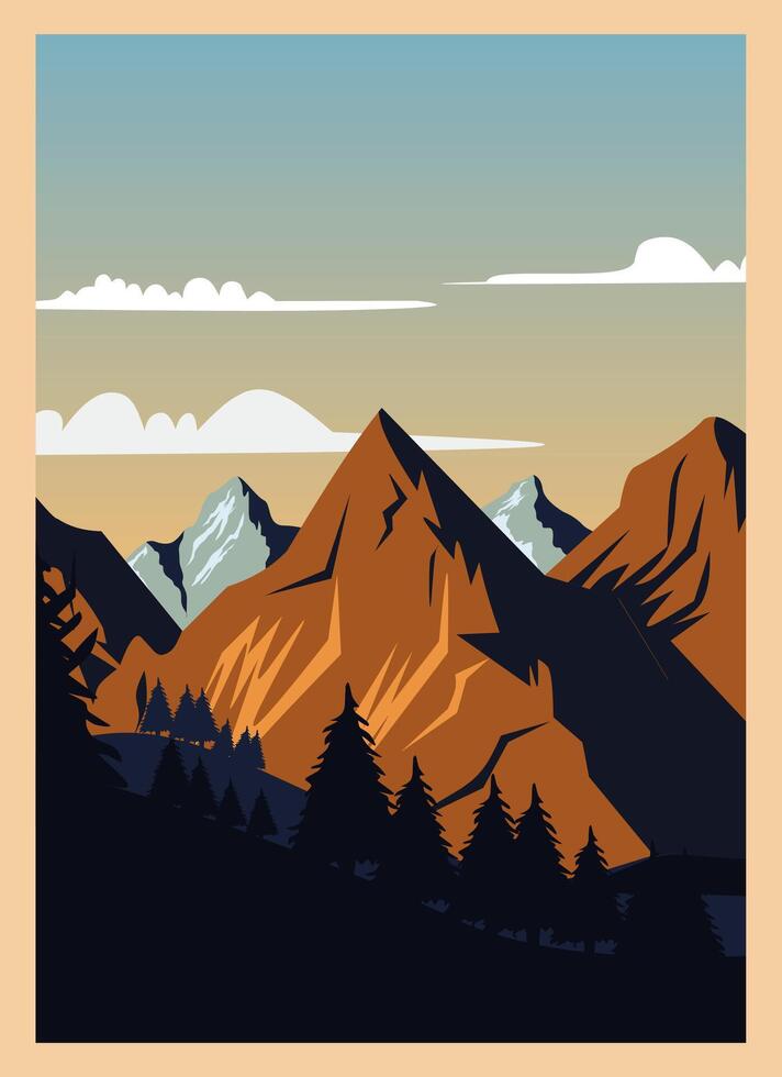 A poster of mountains and trees with a sky in the background vector