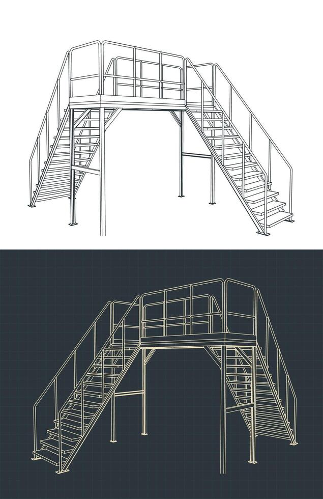Industrial platform and stairs blueprints vector
