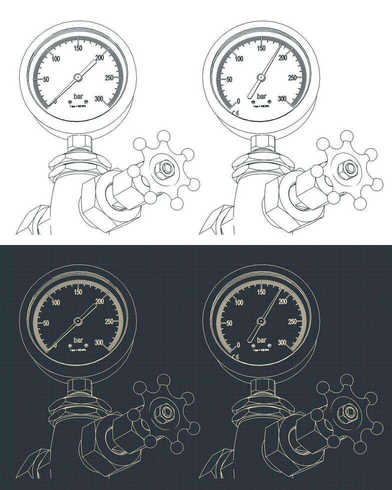 Valve for regulating gas flow and manometer blueprints vector