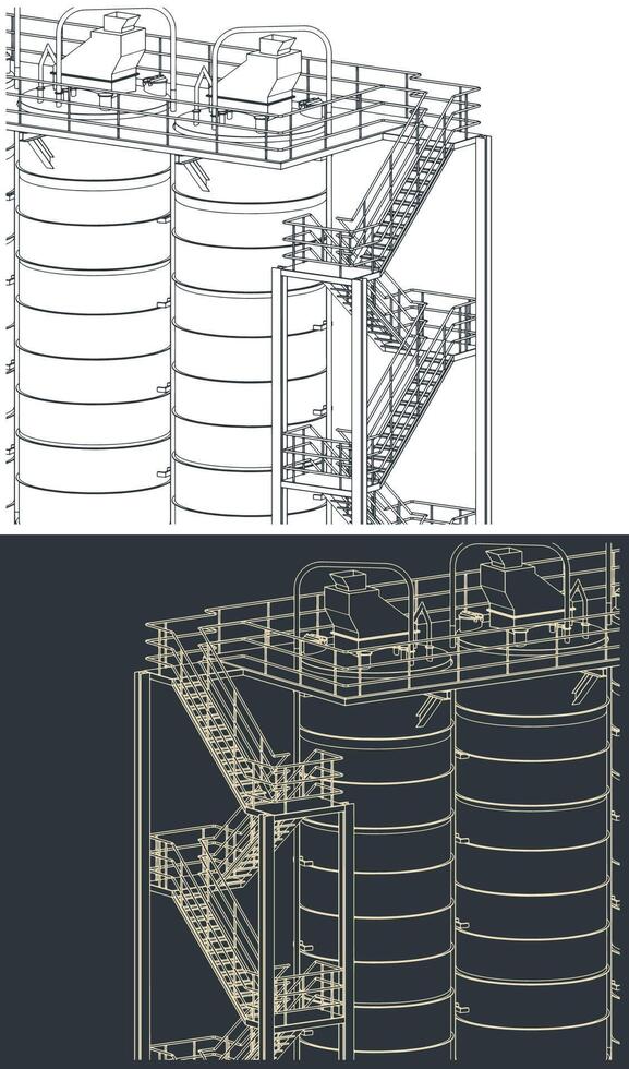 Silo storage system drawings close-up vector
