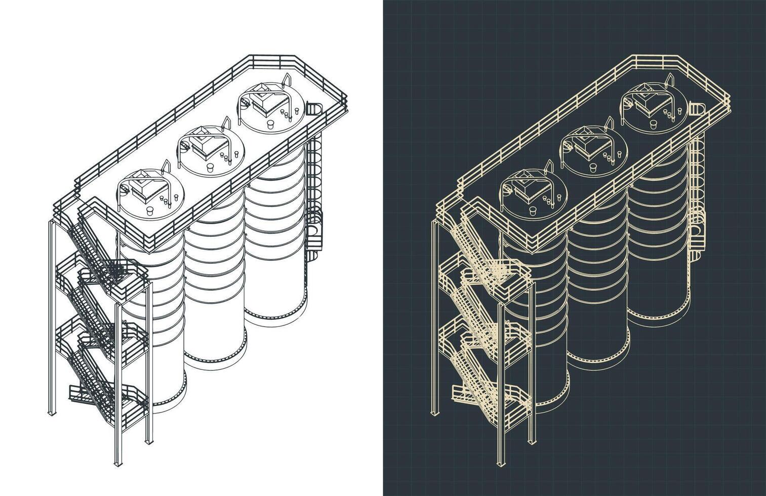 Silo storage system isometric blueprints vector