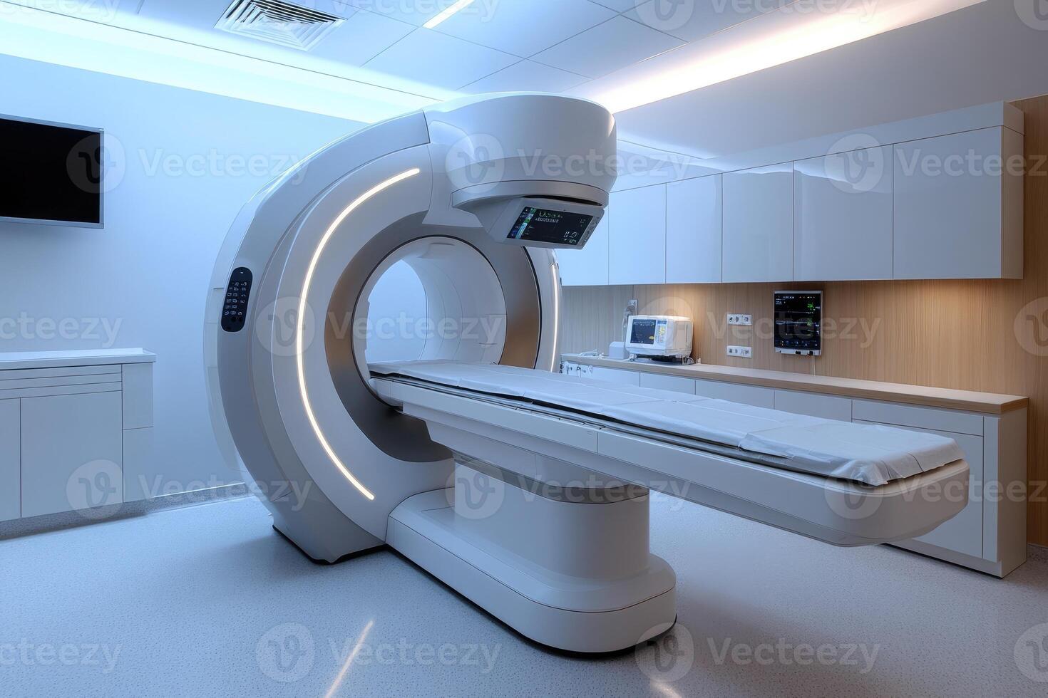 Modern mri scanner and patient bed in hospital room. photo
