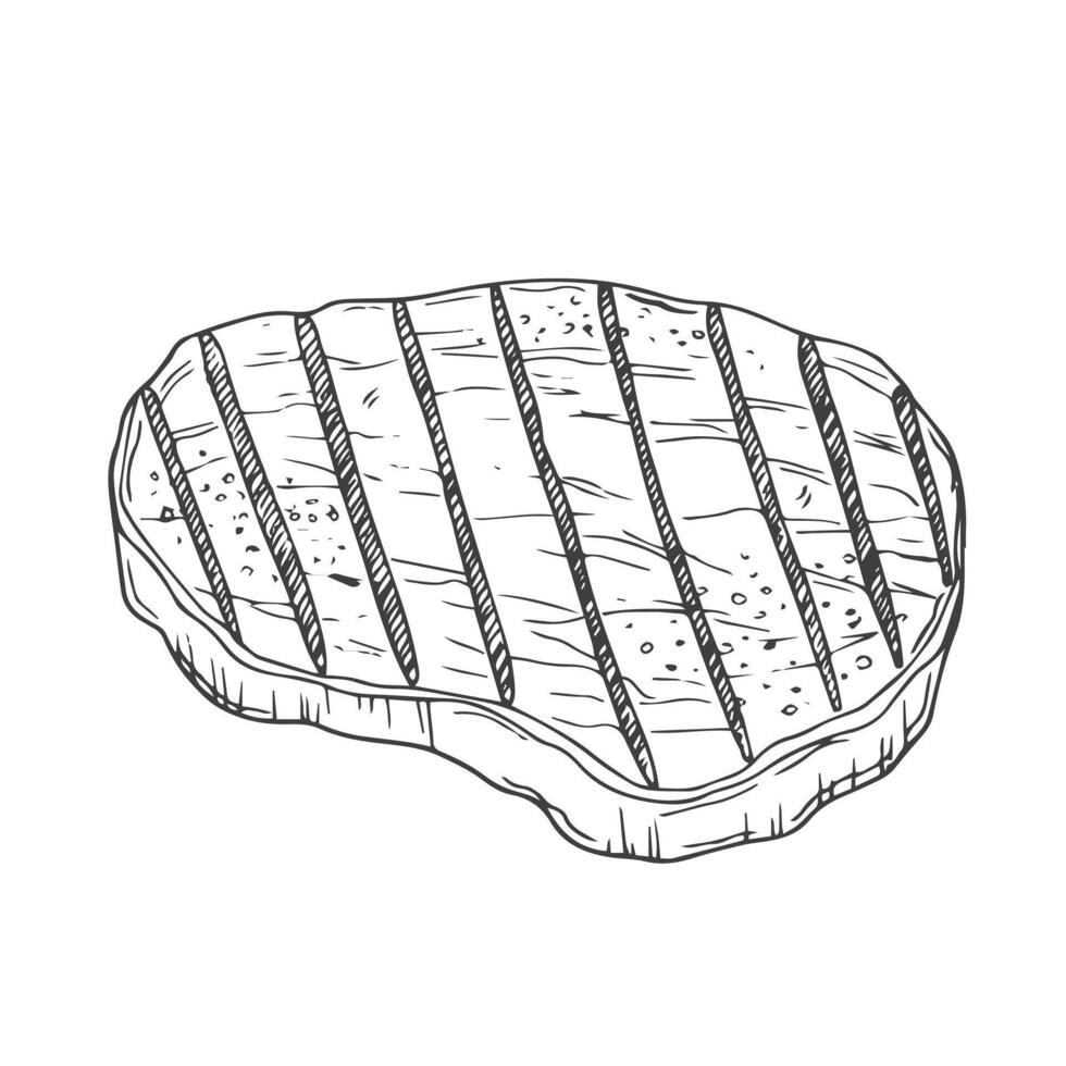 Hand drawn beef steak grilled in sketch style. Roast meat, grill food, barbecue. Vintage illustration vector