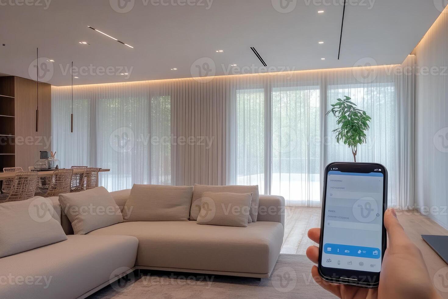Homeowner controlling smart home devices using mobile application while relaxing on sofa in living room photo