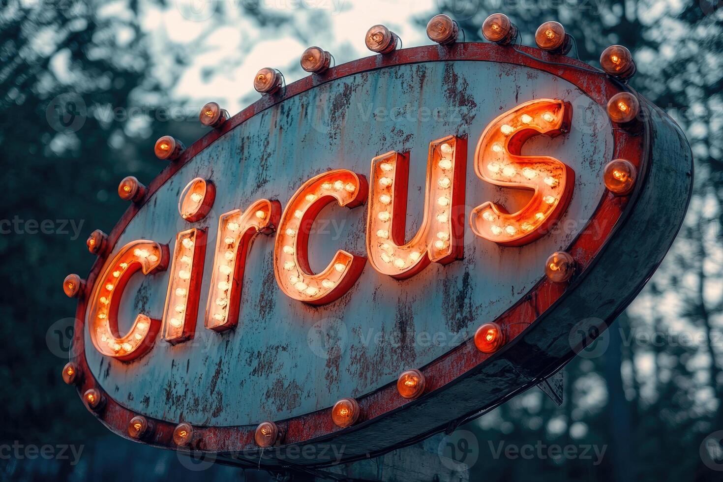 Illuminated circus sign announcing entertainment and spectacle. photo