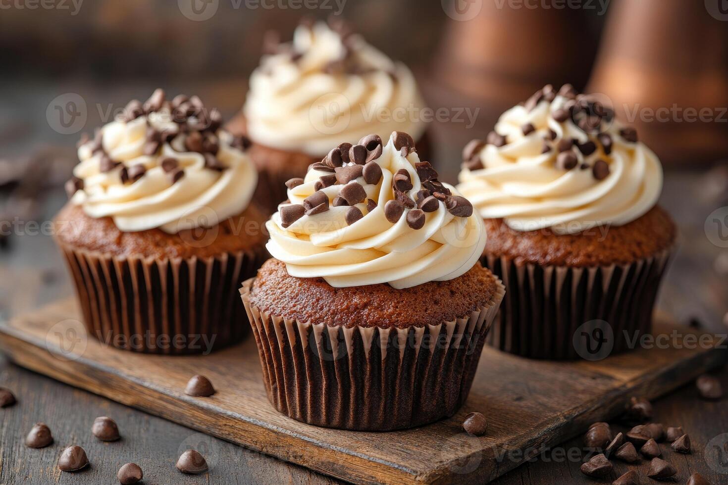 Delicious chocolate cupcakes with vanilla frosting resting on wooden board photo