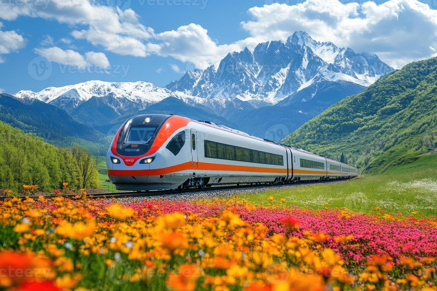 Scenic view of a fast train traveling through a vibrant landscape of flowers with majestic mountains photo