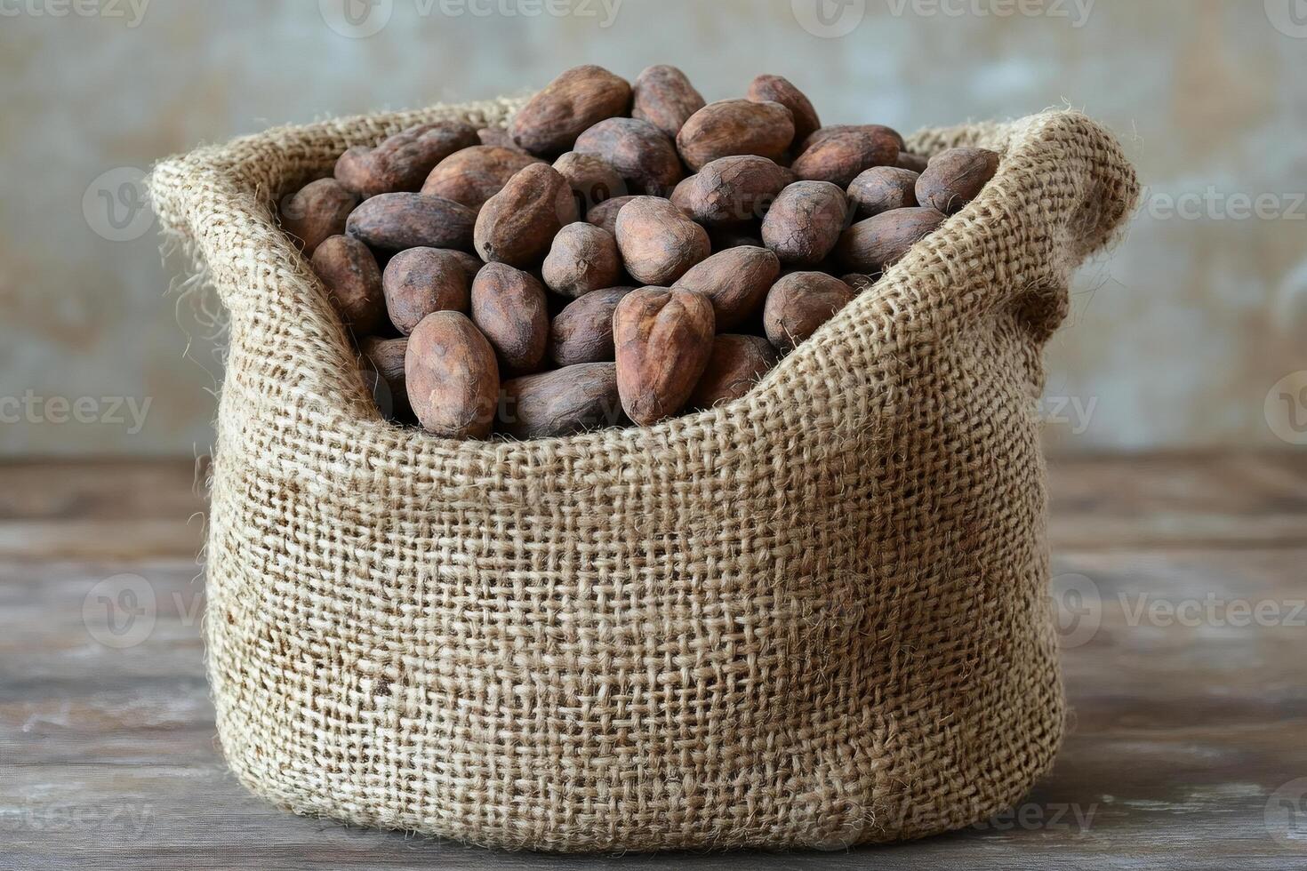Burlap sack overflowing with aromatic cocoa beans. photo