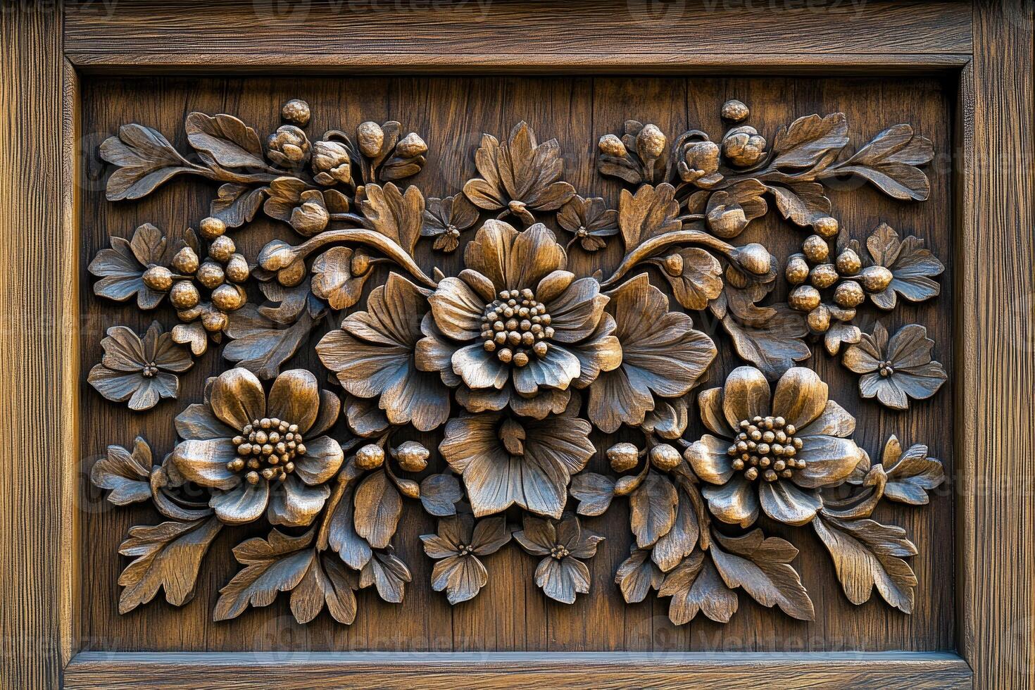 Intricate wood carving showcasing floral design on wooden panel. photo