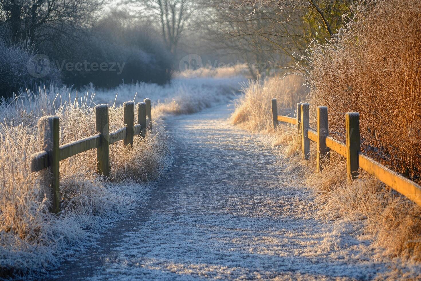 Frosty path winding through winter wonderland at sunrise photo