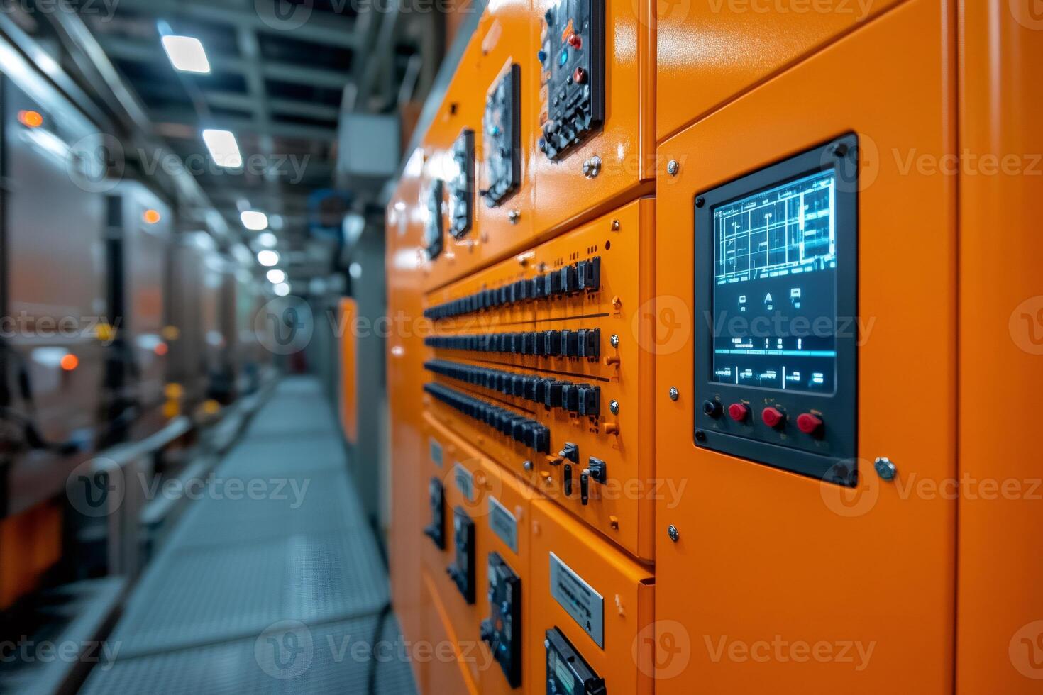 Orange electrical control panel displaying data in industrial setting photo