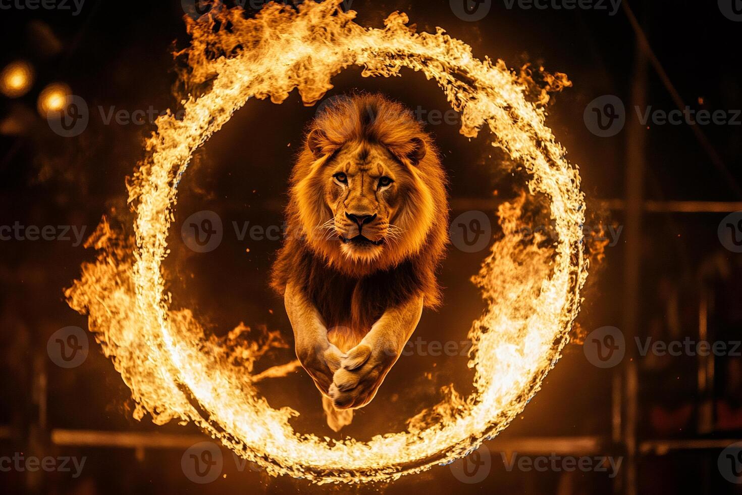 Lion jumping through ring of fire in circus act photo