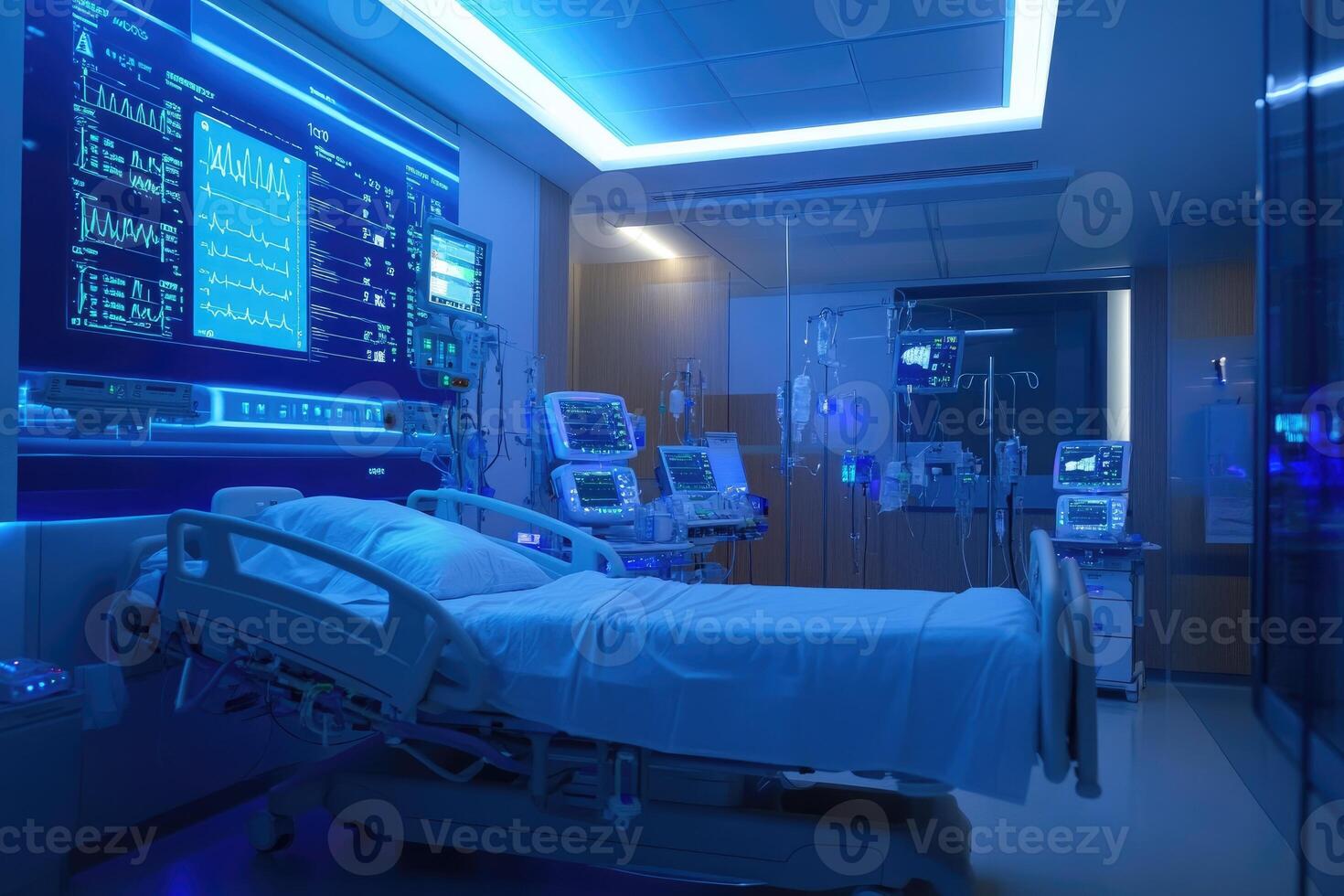 Empty hospital bed illuminated by screens showing vital signs in intensive care unit. photo
