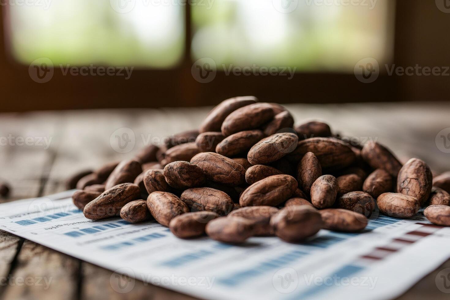 Cocoa beans piled on statistics report suggesting market analysis and trends photo