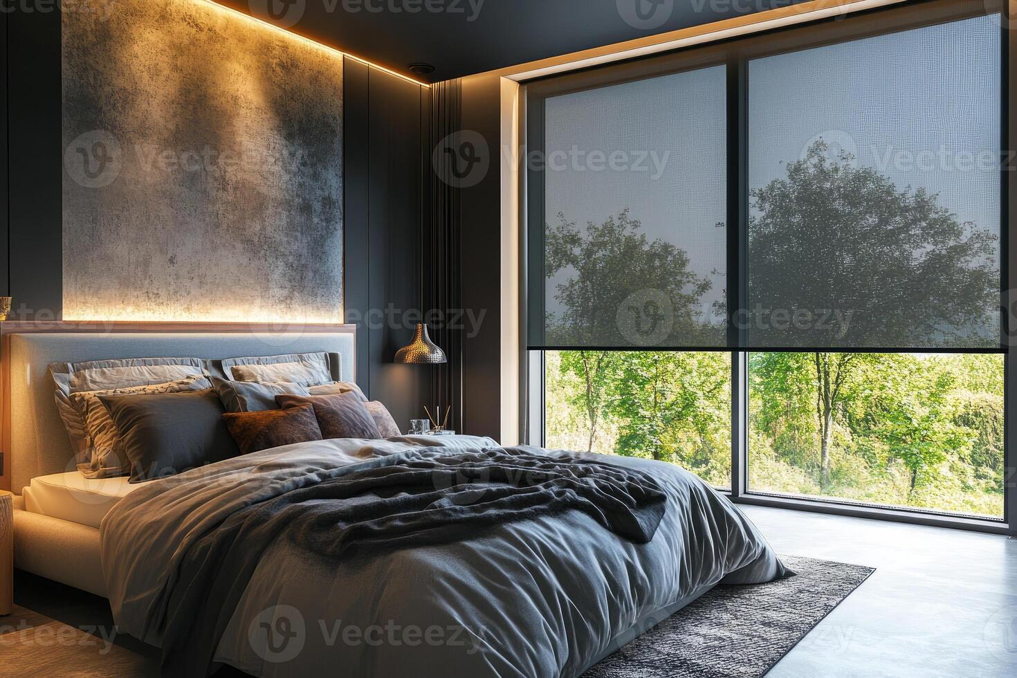 Modern bedroom interior design featuring roller blinds and forest view photo