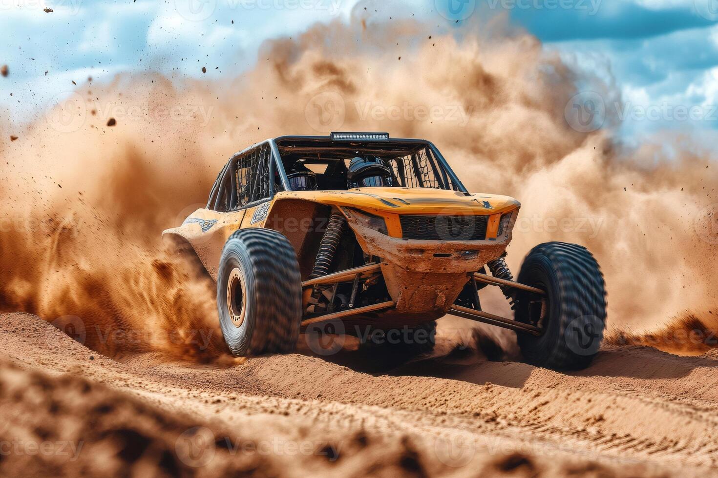Buggy racing in desert making a lot of dust while drifting on sand dunes photo