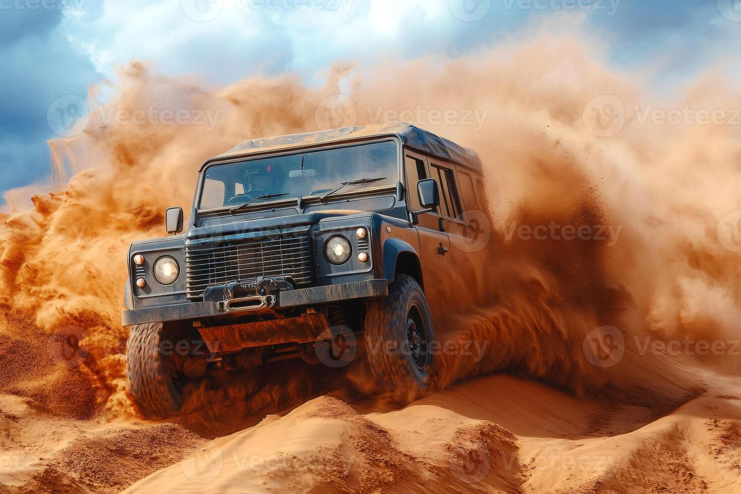 Off-road vehicle conquering challenging sand dunes in desert adventure photo
