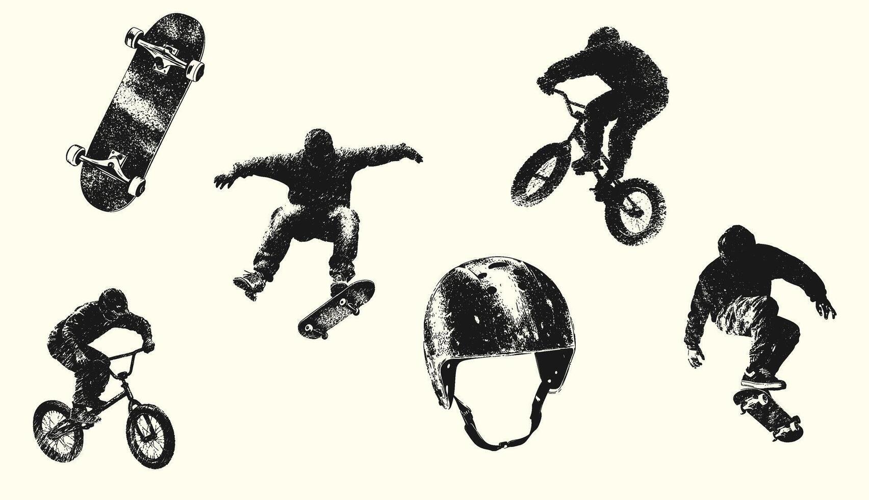 Skateboarders and BMX riders performing tricks with a helmet illustration vector