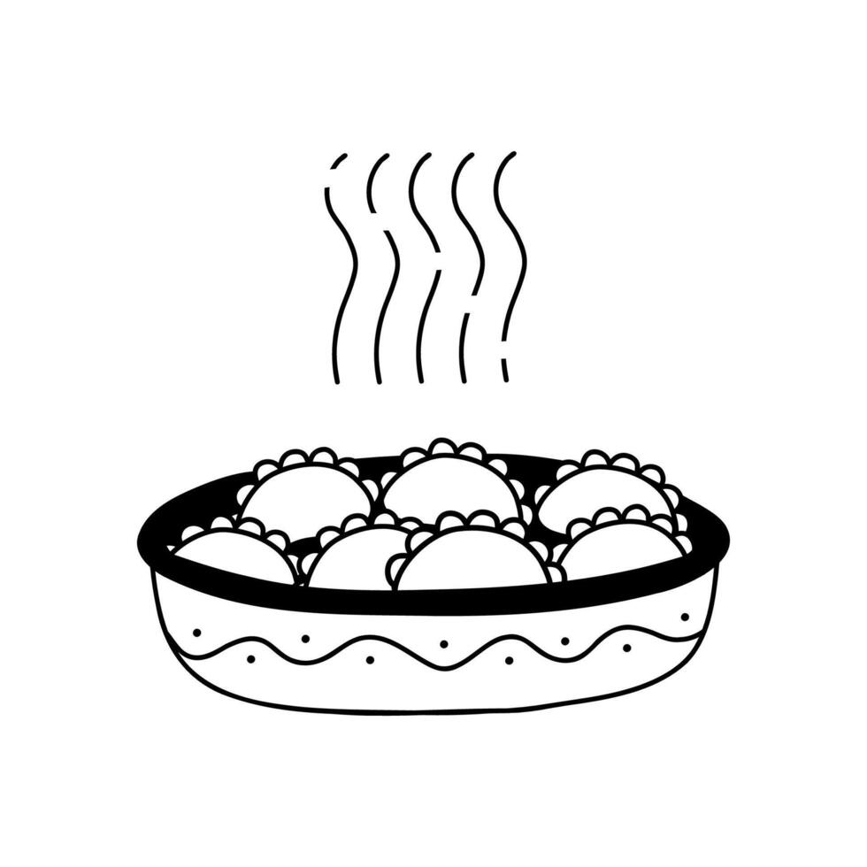 Dumplings in a plate in doodle style. National russian food in a dish. Hand drawn black white illustration isolated on white background. vector