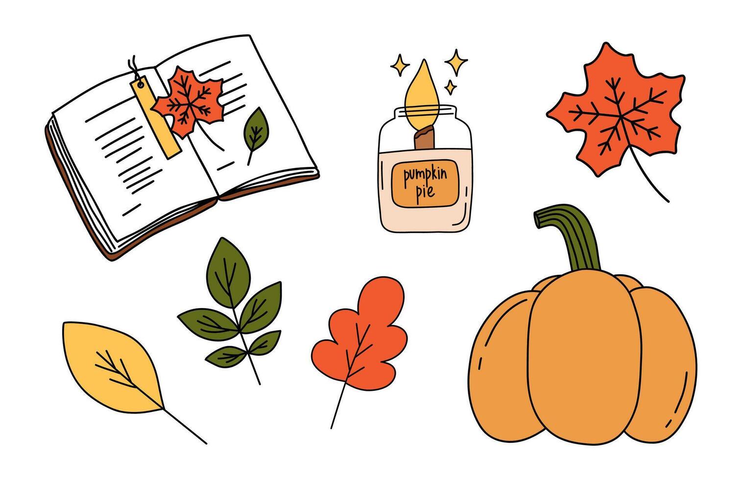 Autumn elements doodle set. Pumpkin, open book with maple, falling leaves, burning candle. Fall cozy illustration for stickers, posters, cards. Hand drawn illustration isolated on white background. vector