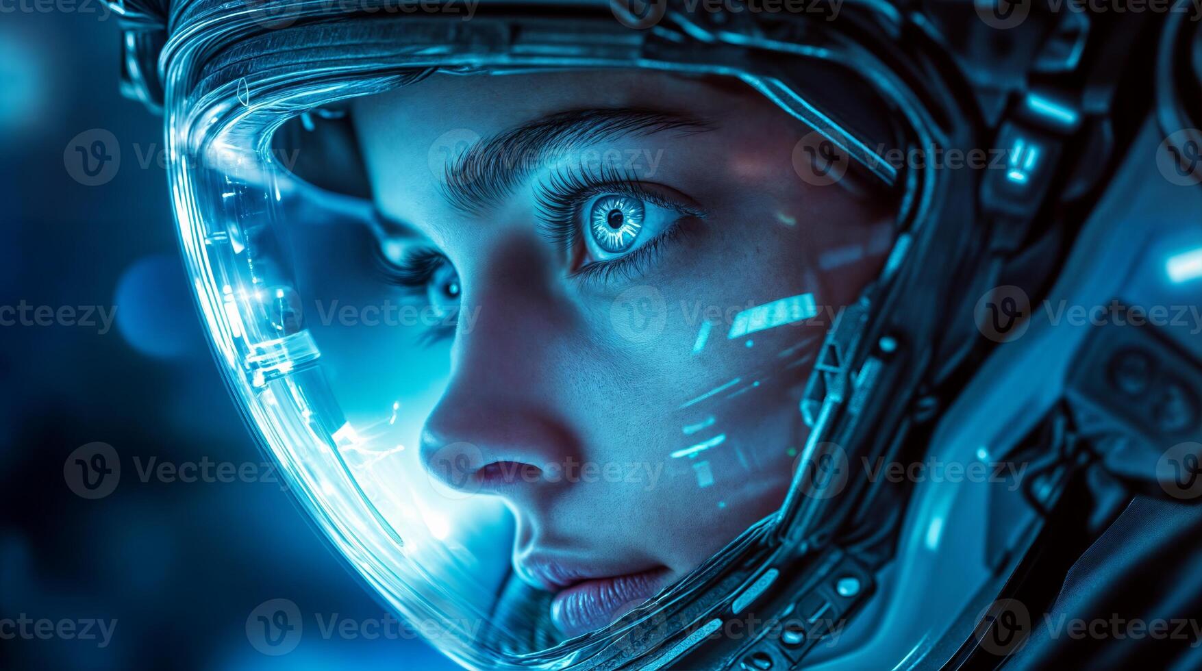 Astronaut wearing futuristic helmet explores space metaverse photo