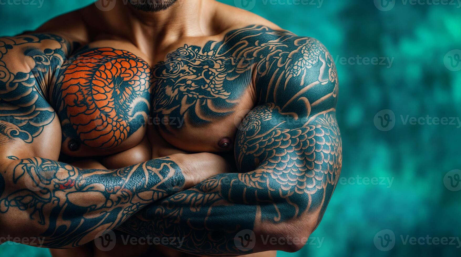 Muscular man showing colorful traditional japanese dragon and koi fish tattoos photo