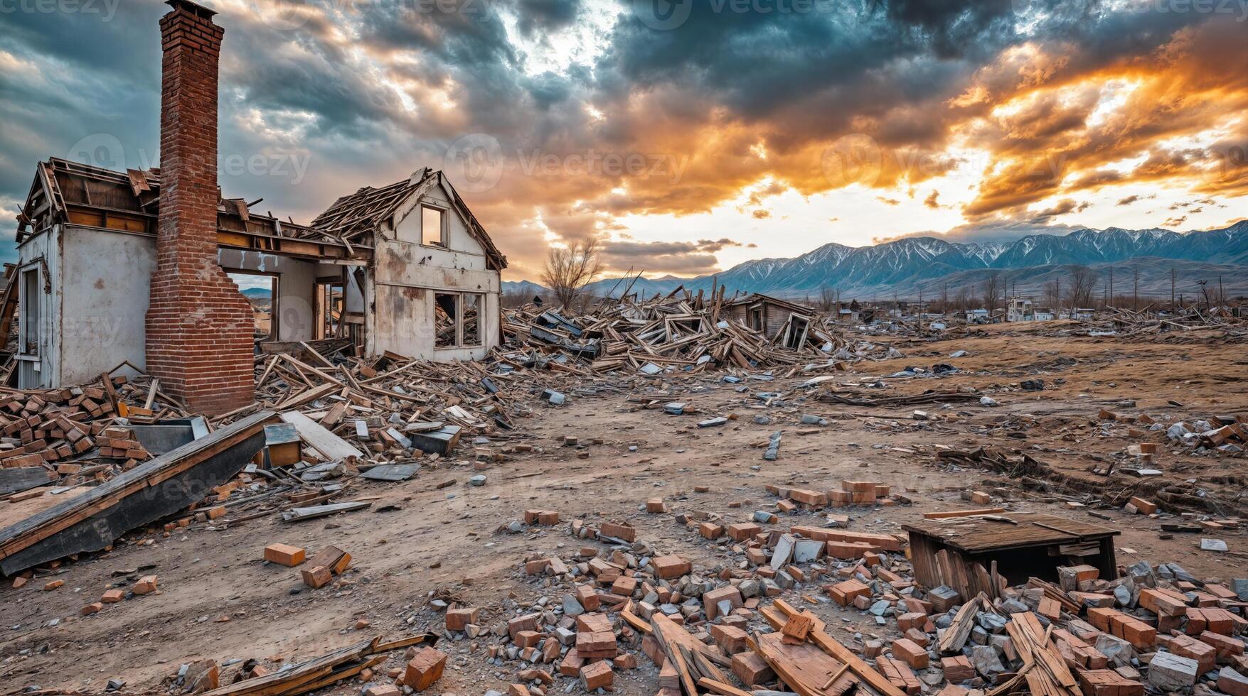 Destroyed house with dramatic sunset and mountain range photo