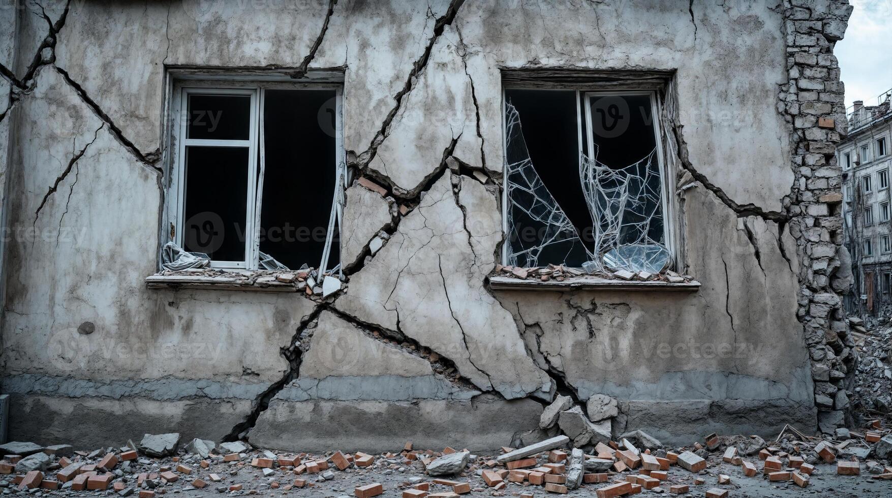 Earthquake devastating building facade with broken windows and cracked wall photo