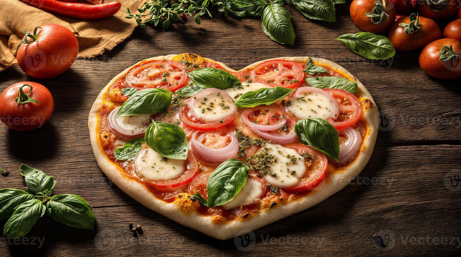 Heart shaped pizza with mozzarella, tomatoes, basil and onion on wooden table photo