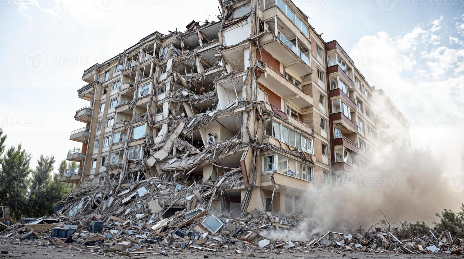 Collapsed building after earthquake disaster with dust cloud rising photo