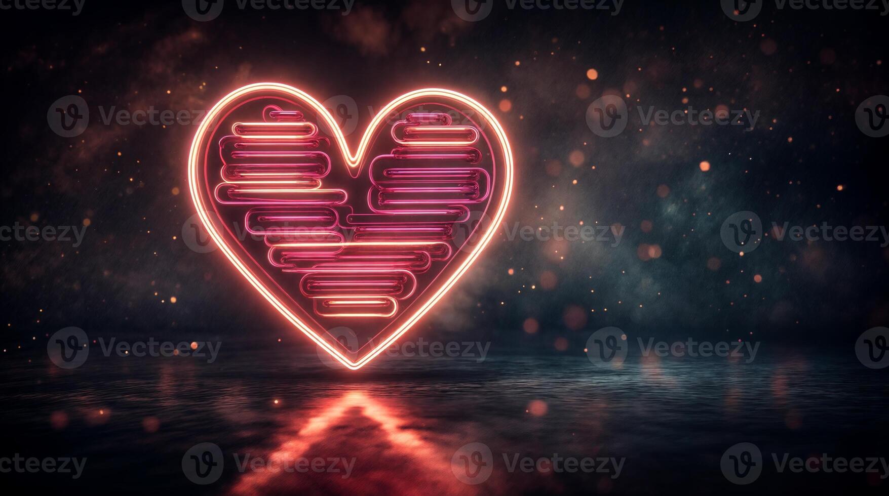 Glowing neon heart reflecting on wet asphalt at night photo