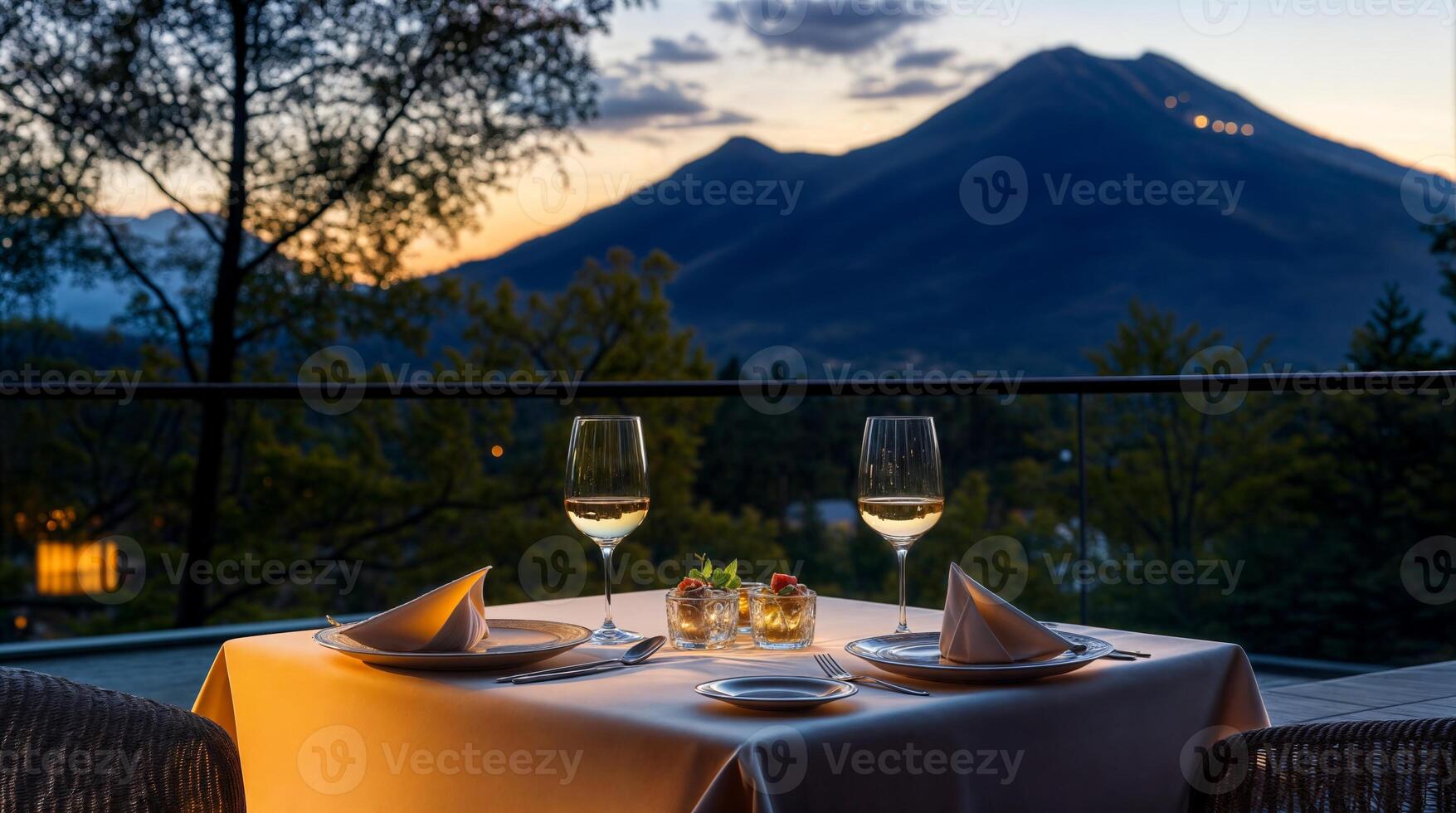 Romantic dinner with mountain view at sunset, enjoying a luxurious evening with wine and appetizers on a terrace overlooking a breathtaking mountain landscape photo