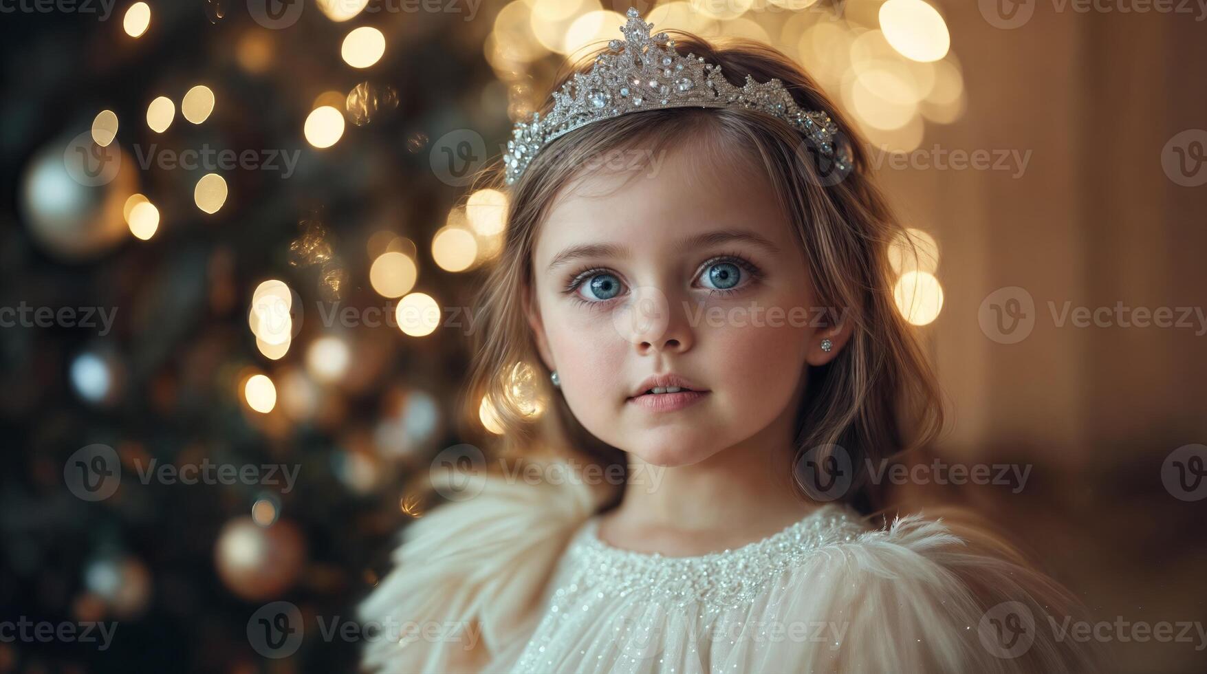 Beautiful girl wearing crown posing near christmas tree with fairy lights photo