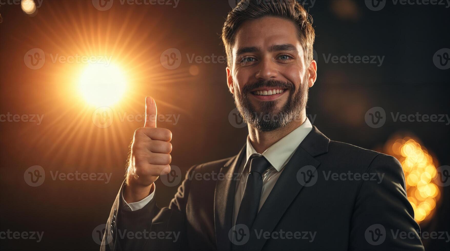 Smiling businessman showing thumbs up gesture under spotlight photo