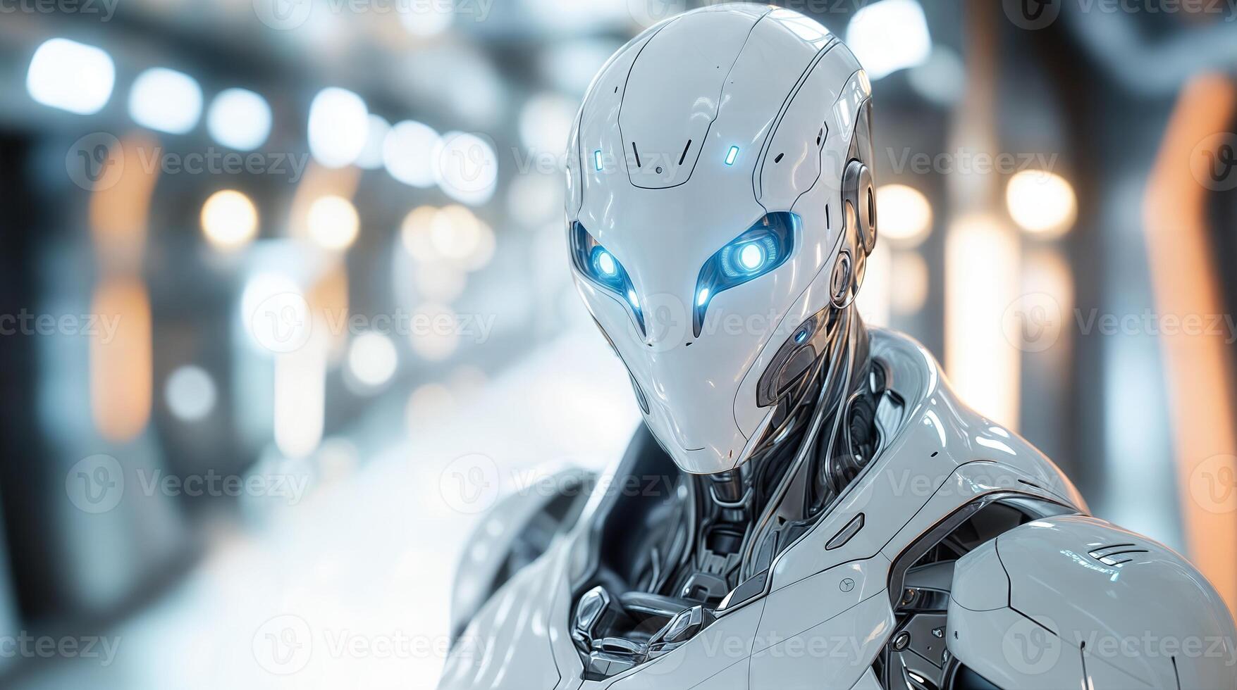 Futuristic robot looking forward in a blurred background photo