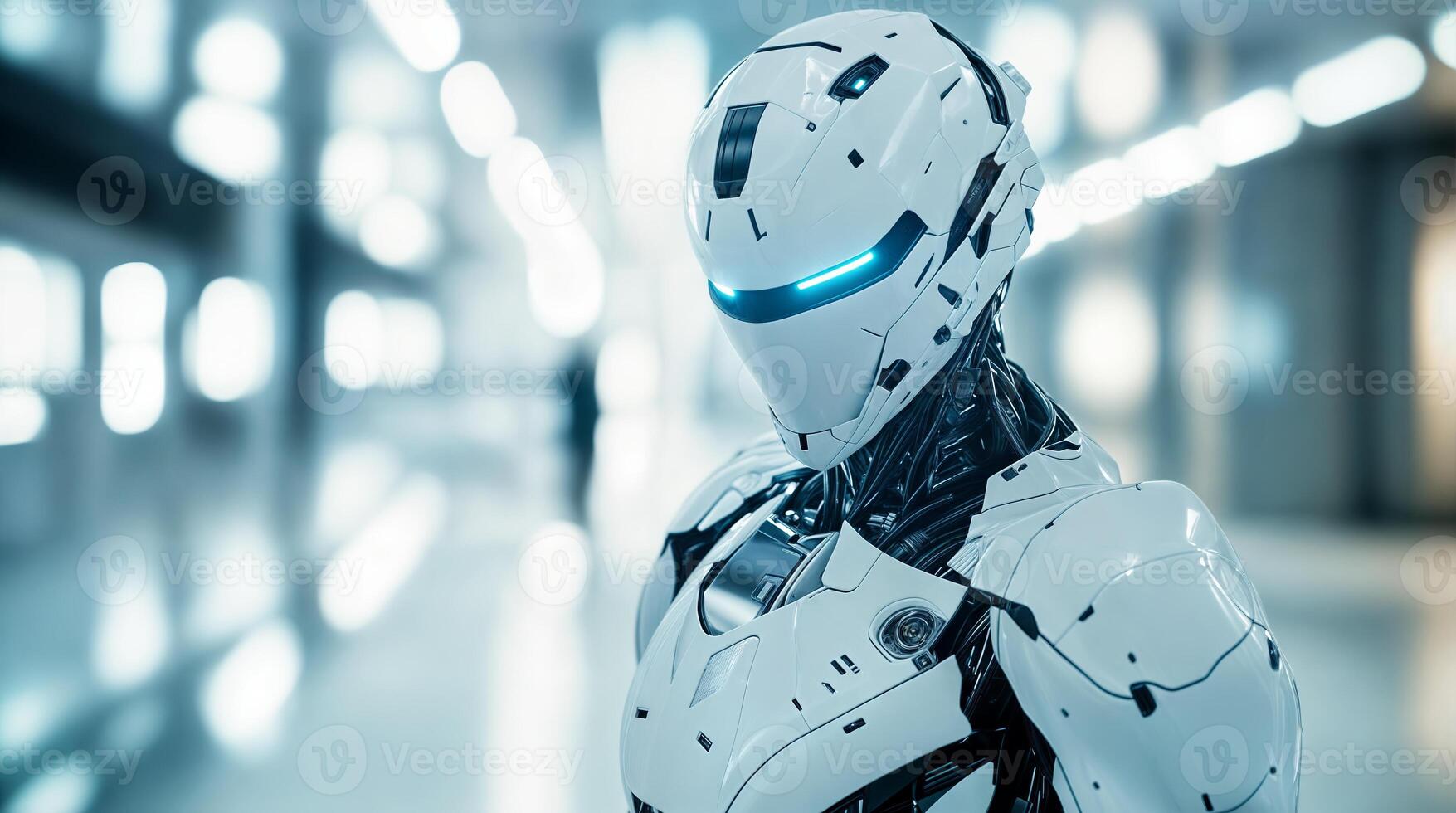 Futuristic robot standing in modern laboratory setting photo