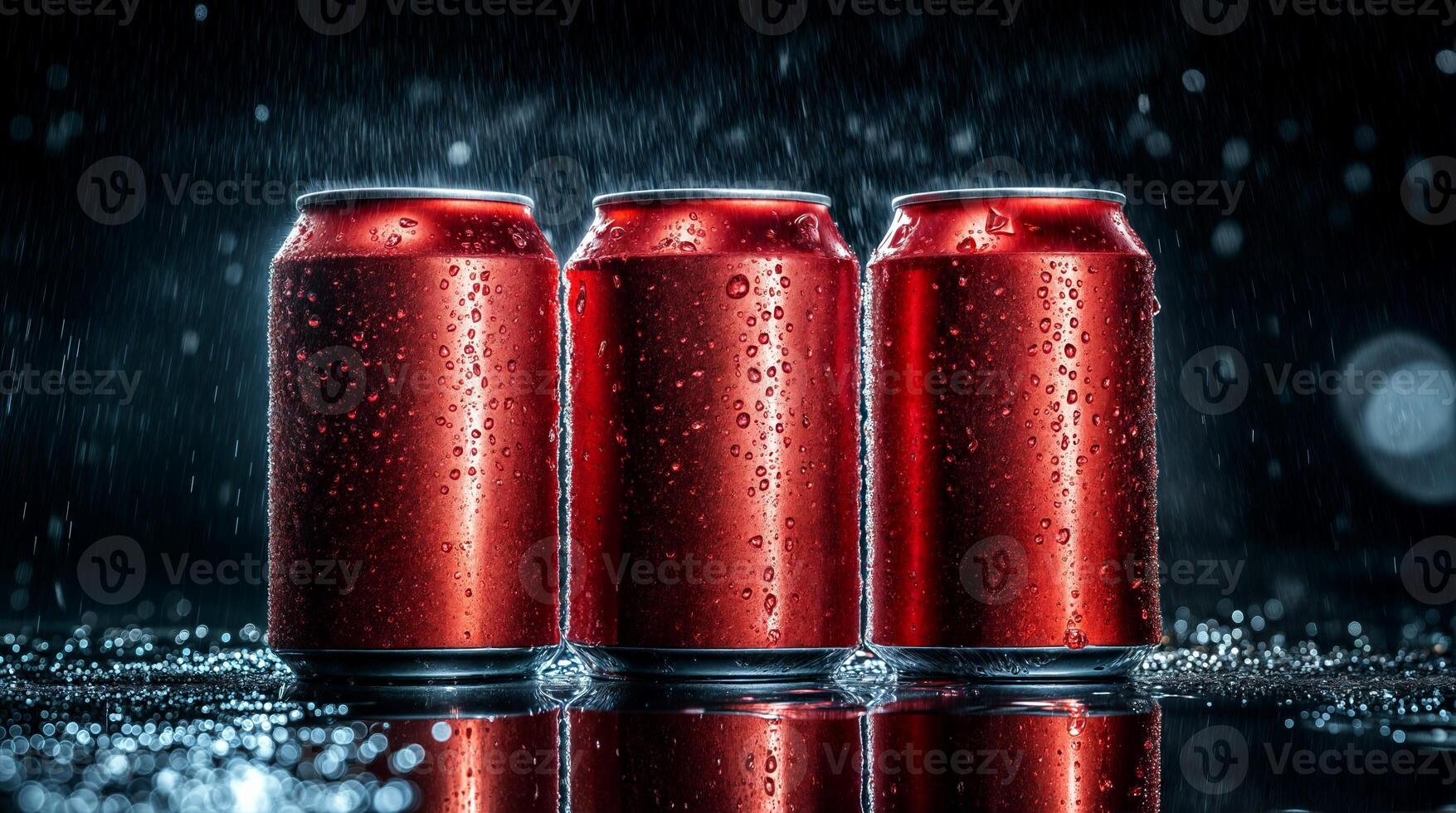 Three red aluminum cans covered with water droplets under the rain photo