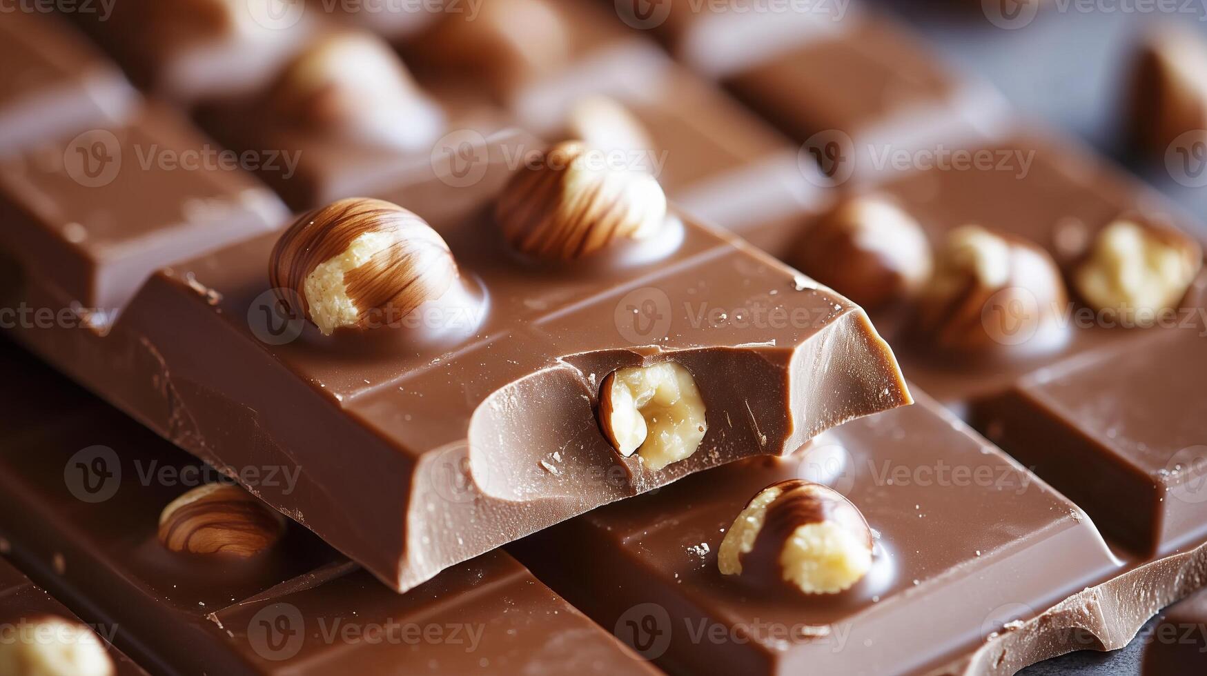 Delicious milk chocolate bars with hazelnuts showing bite mark photo