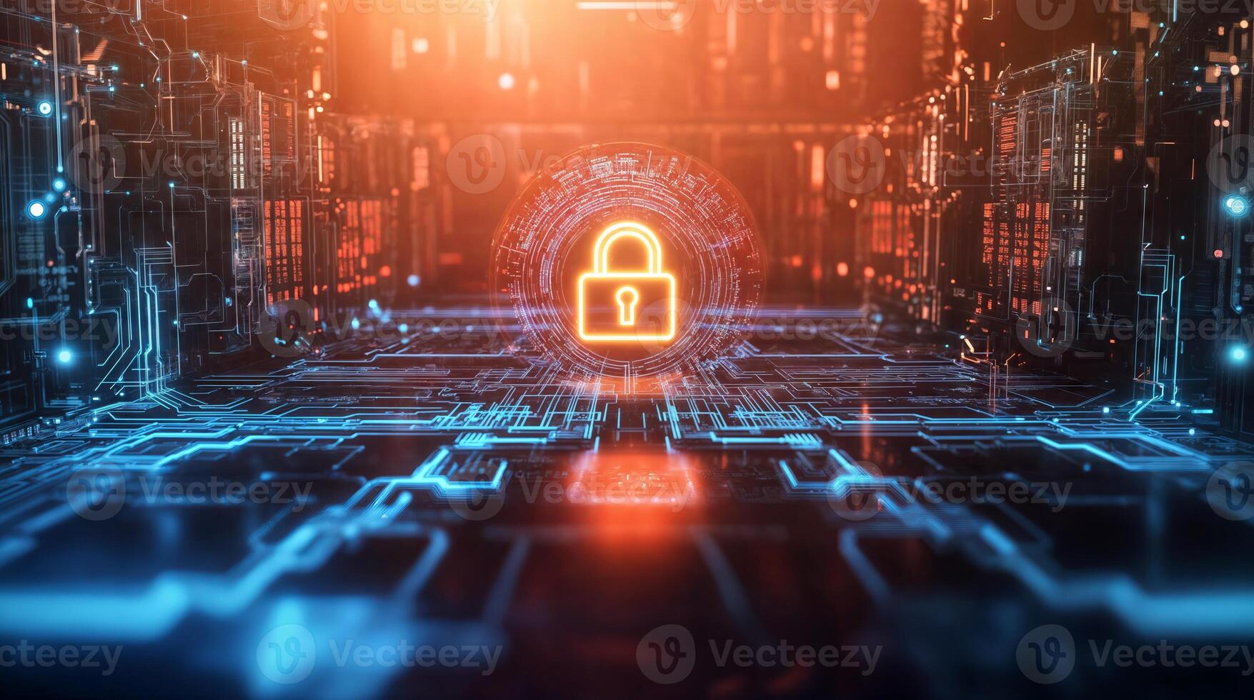 Cybersecurity system protecting data with padlock icon inside server room photo
