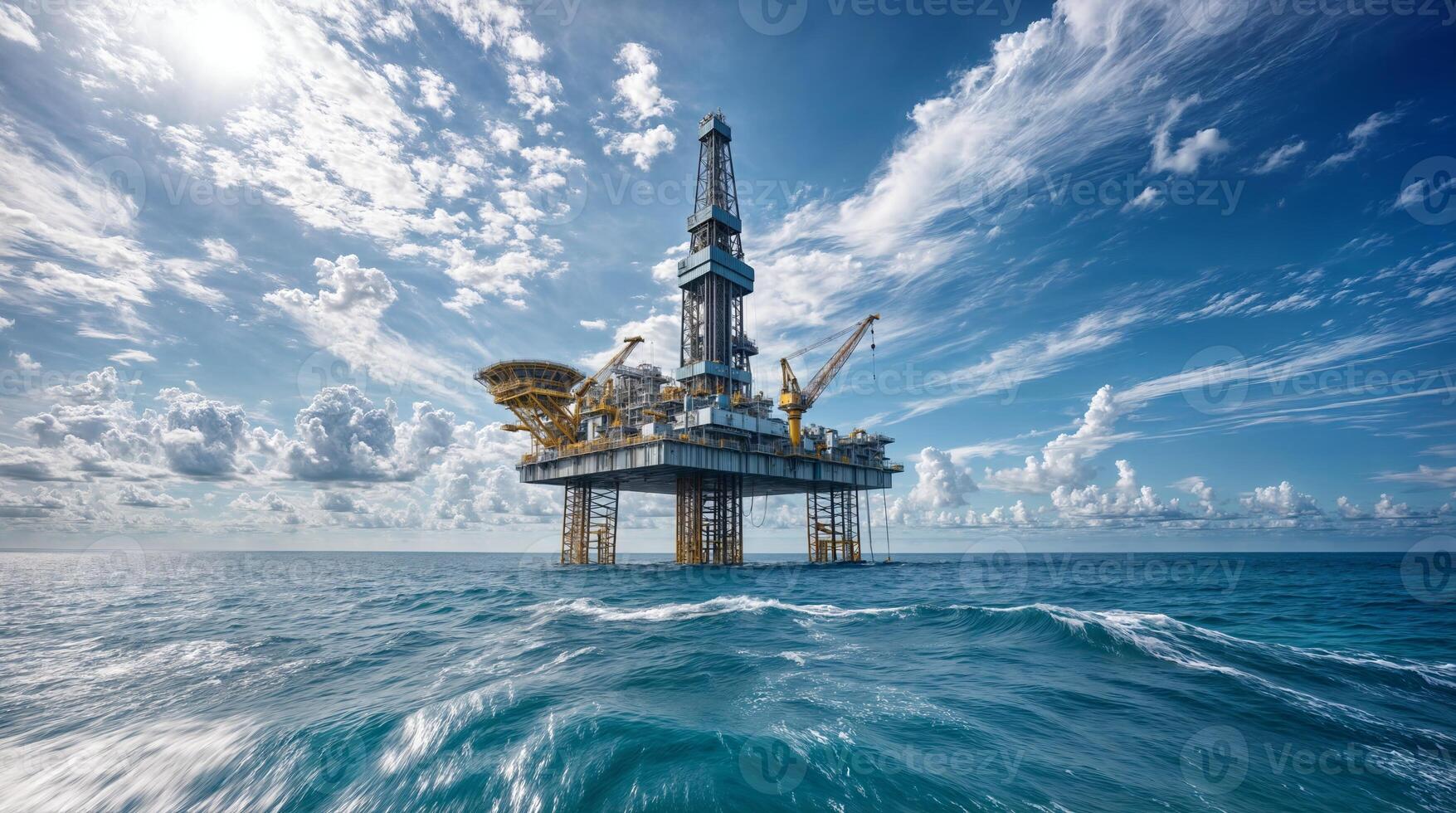Offshore jack up drilling rig extracting oil and gas in the ocean under a cloudy sky photo