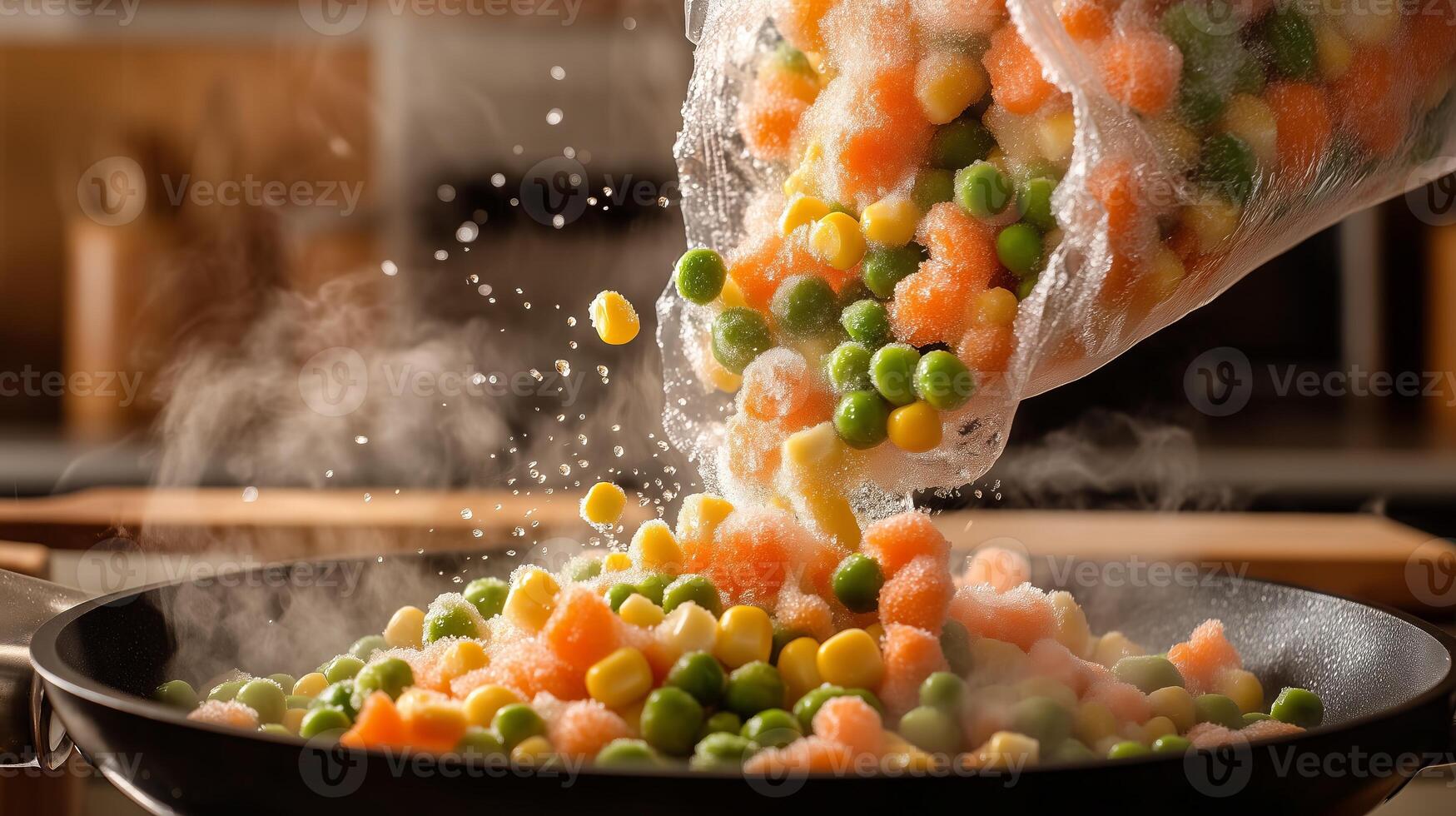 Frozen mixed vegetables pouring into steaming hot pan photo